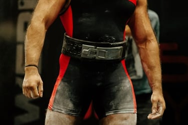 A muscular powerlifter wearing a red and black singlet and a heavy-duty lever lifting belt.