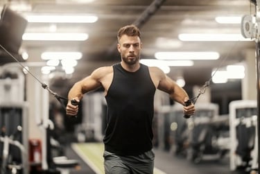 Muscular man performing a cable chest fly workout in a gym for upper body strength.
