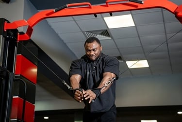 Muscular man performing a cable chest fly workout on a gym machine for strength training.