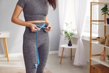 A woman in grey activewear using a blue tape measure around her waist for weight loss tracking.