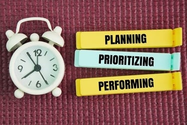 White alarm clock next to signs for planning, prioritizing, and performing for time management.