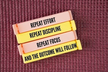 Motivational quote on colorful clips: Repeat effort, discipline, and focus for the best outcome.