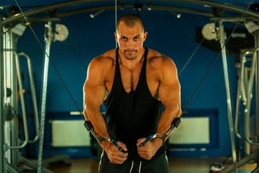 Muscular bodybuilder performing chest fly exercises on a cable machine in a gym.