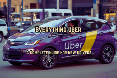 An Uber driver in his purple car with text saying: Everything Uber A complete Guide for New Drivers