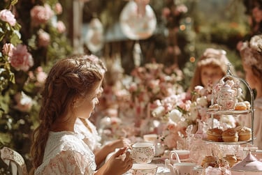 A young girl sits at an ornate outdoor tea party, surrounded by floral decor and pink balloons,