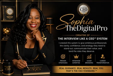 Sophia TheDigitalPro, creator of the Interview Like a CEO System, providing career coaching and interview strategies.