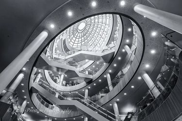 Modern architecture interior atrium of Liverpool Central Library, Liverpool, UK.