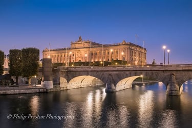 Parliament House (Riksdag) at night, Stockholm, Sweden, photography by Philip Preston.
