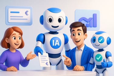 bright clean background, friendly futuristic office. Two stylized 3D human characters collaborating with one smiling humanoid