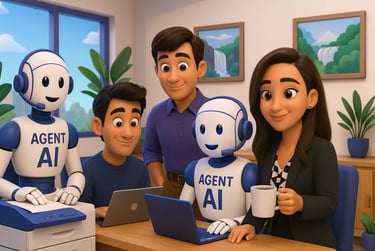 Automatisation des processus administratifs en entreprise : robots intelligents Agent AI travaillant avec des collaborateurs