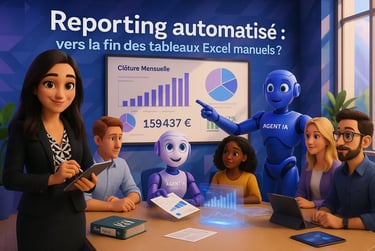 Réunion 3D avec humains et robots IA autour d’un tableau de bord de reporting automatisé via IA & RPA. Expert FINEXALYS