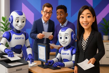 Agents IA et experts comptables collaborant au bureau pour automatiser la saisie et la gestion des documents financiers.