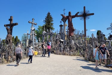 Guide Simas walking with tourists through the Hill of Crosses pilgrimage site in Lithuania 2