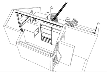 Perspectiva 3D do layout do estúdio Arqmaisart com móveis planejados e estrutura aparente