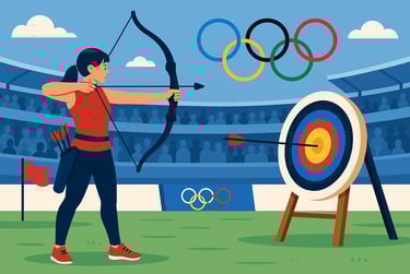 Olympic-style archery illustration with athlete silhouette shooting at target in stadium.