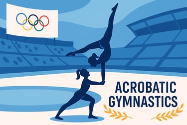 Olympic-themed landscape illustration showing acrobatic gymnastics silhouettes performing balance an