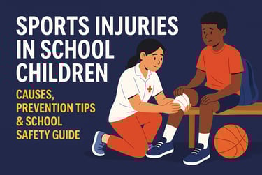Sports injuries in school children – illustration of a student receiving first aid with title ‘Cause