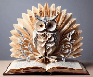 een decoratieve uil zittend op opengeslagen boek
