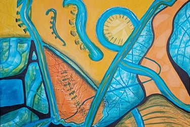 Confluence — fluid blue forms on amber ground evoking open sea currents, acrylic, by Zanda