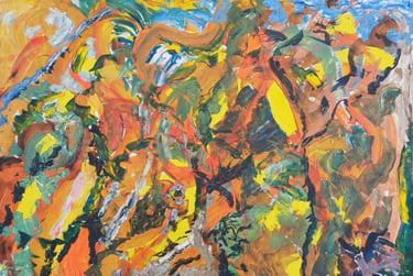 Riot of Spring — fluid blue organic forms on amber ground, large abstract acrylic, by Zanda