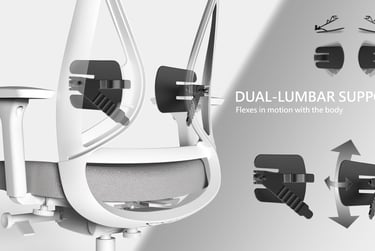 Close-up of Sensit T150 chair showing dual-lumbar support system with motion flex diagram.