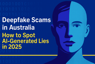 "Illustration highlighting deepfake scams in Australia with warning signs and AI-generated content r