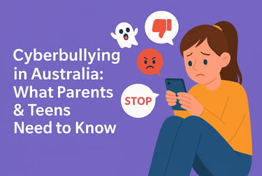 Teen girl upset by cyberbullying messages, with icons and text about online safety in Australia.