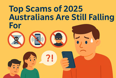 "Man checking phone with scam warning icons for email, calls, and impersonation fraud.