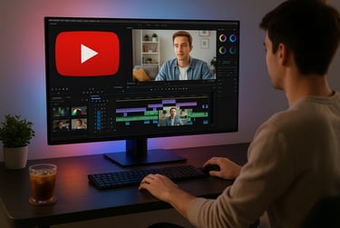 Freelancer editing YouTube video on desktop monitor — high-income skill for video creators and editors.