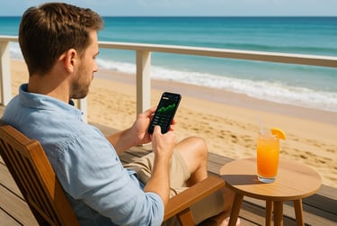Man sitting on beach chair using smartphone to manage passive income and investing side hustle
