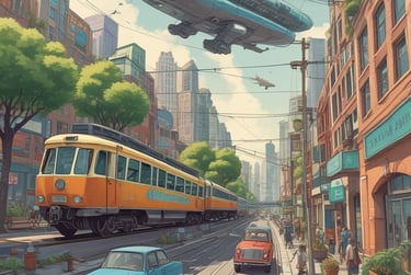 a train is flying over a city street