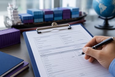 Asesor logístico revisando la documentación de una mudanza internacional con un Bill of Lading.