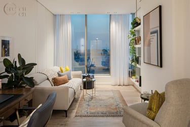 a living room with a couch and a table,  interior design 