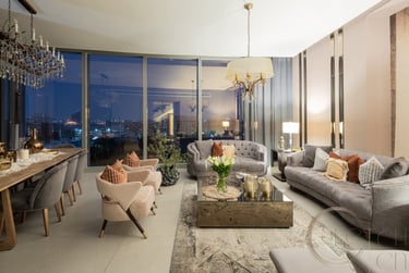 a living room with a large window and a view of the city,  interior design