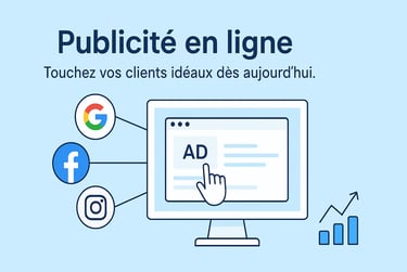 Visuel de publicité en ligne : clic sur annonce Google Ads entouré d’icônes Facebook et Instagram