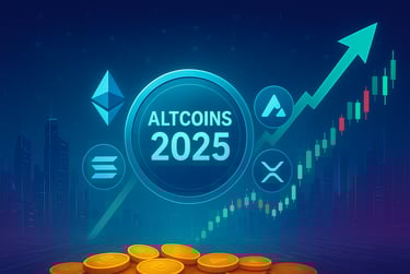 Infografía futurista que muestra el auge de las altcoins en 2025, con Ethereum, Solana, XRP y Avalanche en crecimiento, gráfi