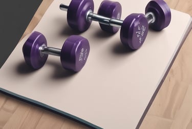 Yoga mat, weights, and a towel ready for a workout.