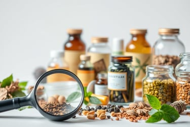 An assortment of herbal supplements in elegant glass bottles and jars.