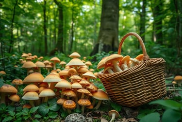 diverse array of mushrooms in forest with wicker basket