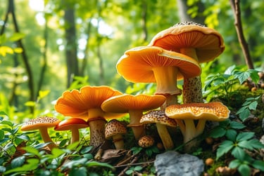  reishi, chaga, lion's mane, and turkey tail mushrooms, lush green foliage