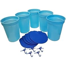 blue plastic buckets with lids and spiles for collecting sap