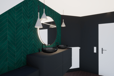 Rénovation d'une salle de bain avec un meuble évier sur-mesure noir, du carrelage vert et un miroir