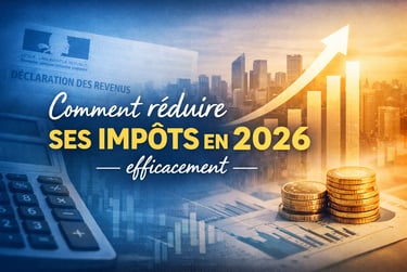 Bannière moderne illustrant la réduction des impôts en 2026, avec une déclaration fiscale, un graphi