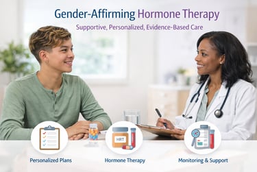 A doctor providing gender-affirming hormone therapy care and HRT consultation to a patient.