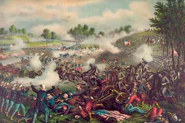 Primeira Batalha de Bull Run (Manassas), litografia de Kurz e Allison, 1889.