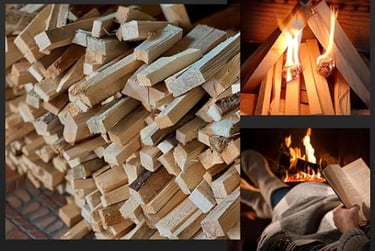 Stacked split firewood, kindling starting a fire, and a person reading by a cozy fireplace.
