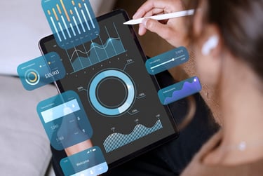 a woman sitting on a couch with a tablet and a tablet