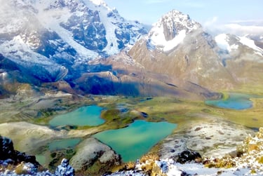 Panoramic view of turquoise glacial lakes nestled among snow-capped mountain peaks in the Andes.