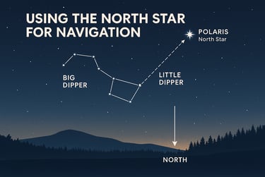 Night sky with Big Dipper and North Star labeled for stargazing and navigation without tools in wilderness survival