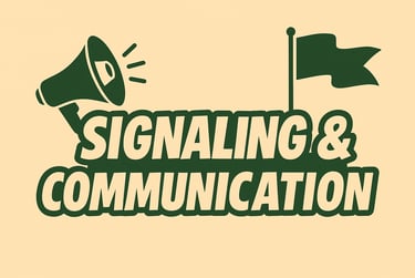 Signaling and Communication header with megaphone and flag icons, about emergency alerts, wilderness rescue, survival signali